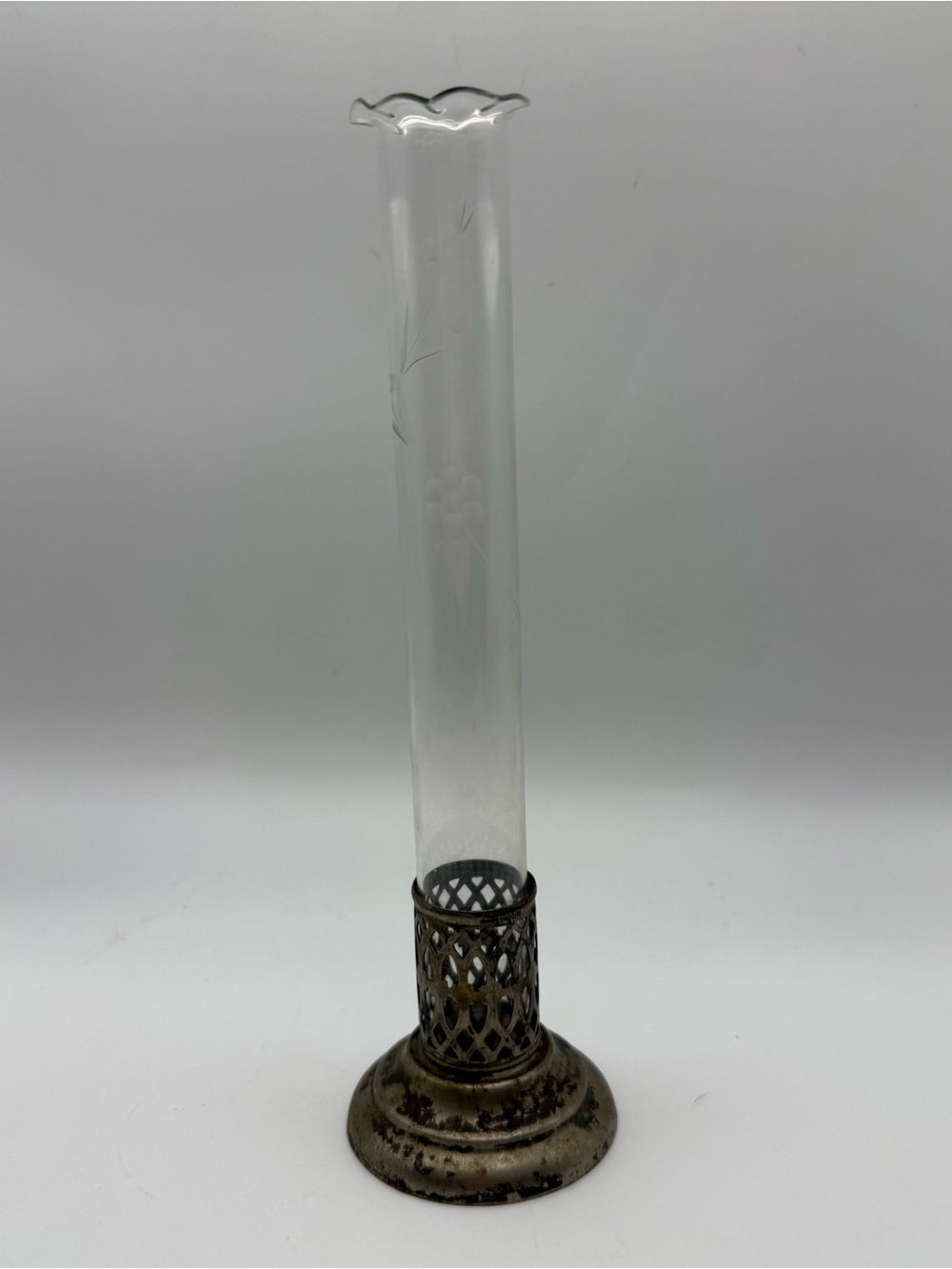 Clear Glass Bud Vase with Antique Brass-Tone Lattice Base
